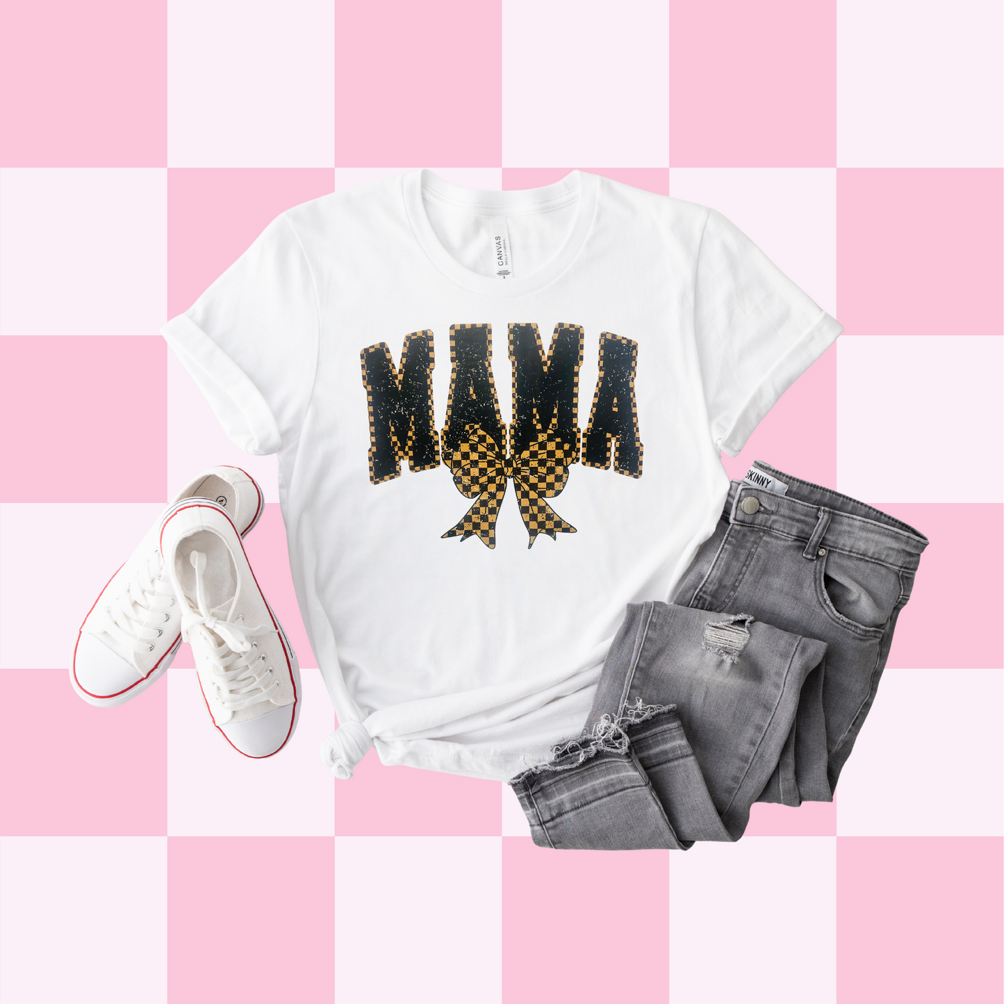 Mama Brown Checkered Bow Tee