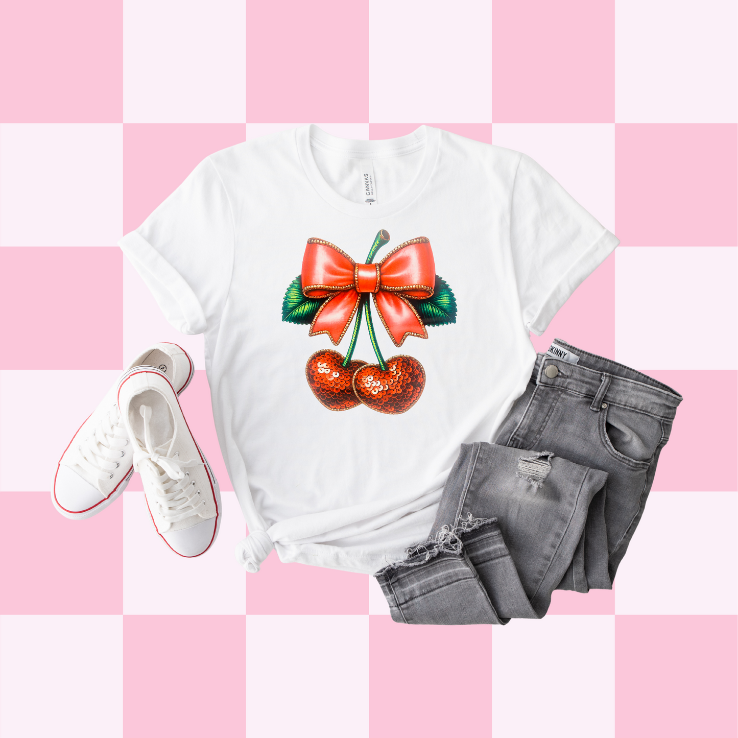 Cherry Sequins Red Bow Tee