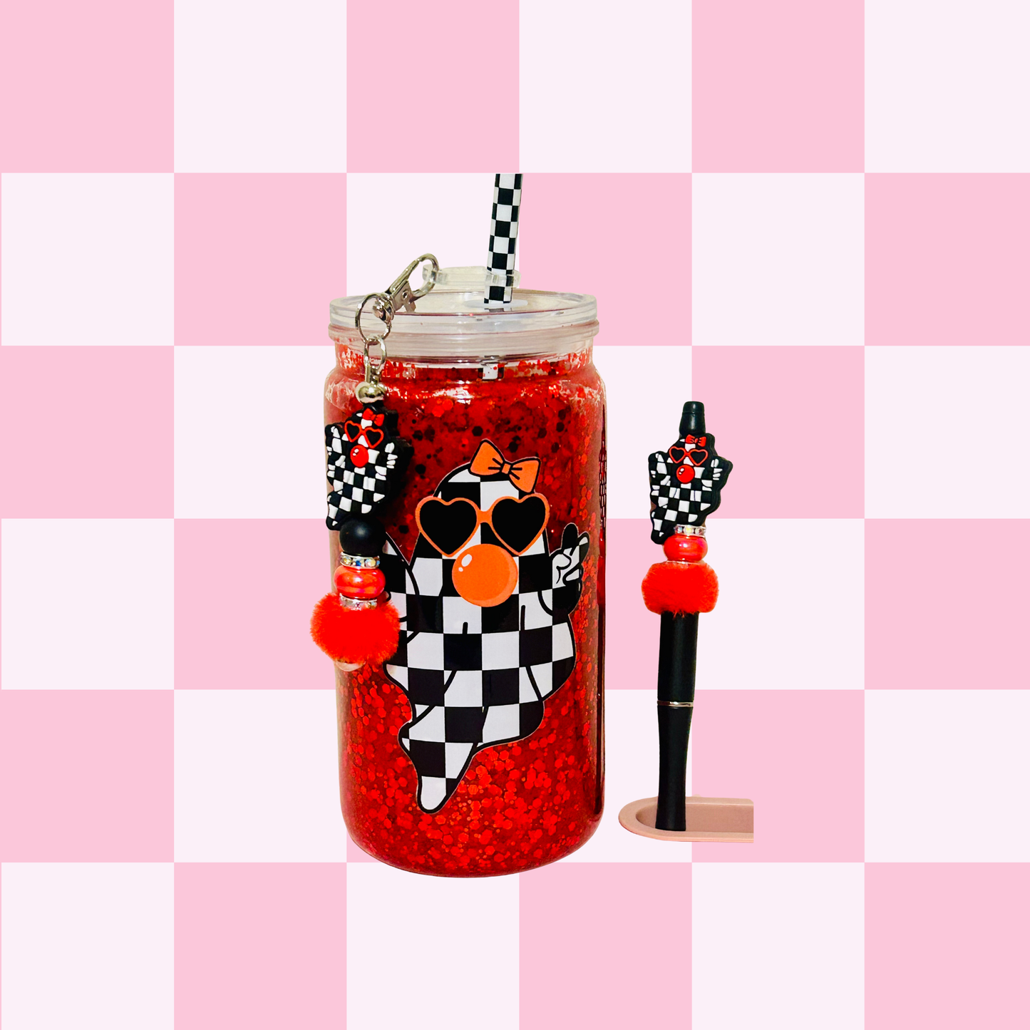 Checkered Ghost Glitter Snowglobe Tumbler Set