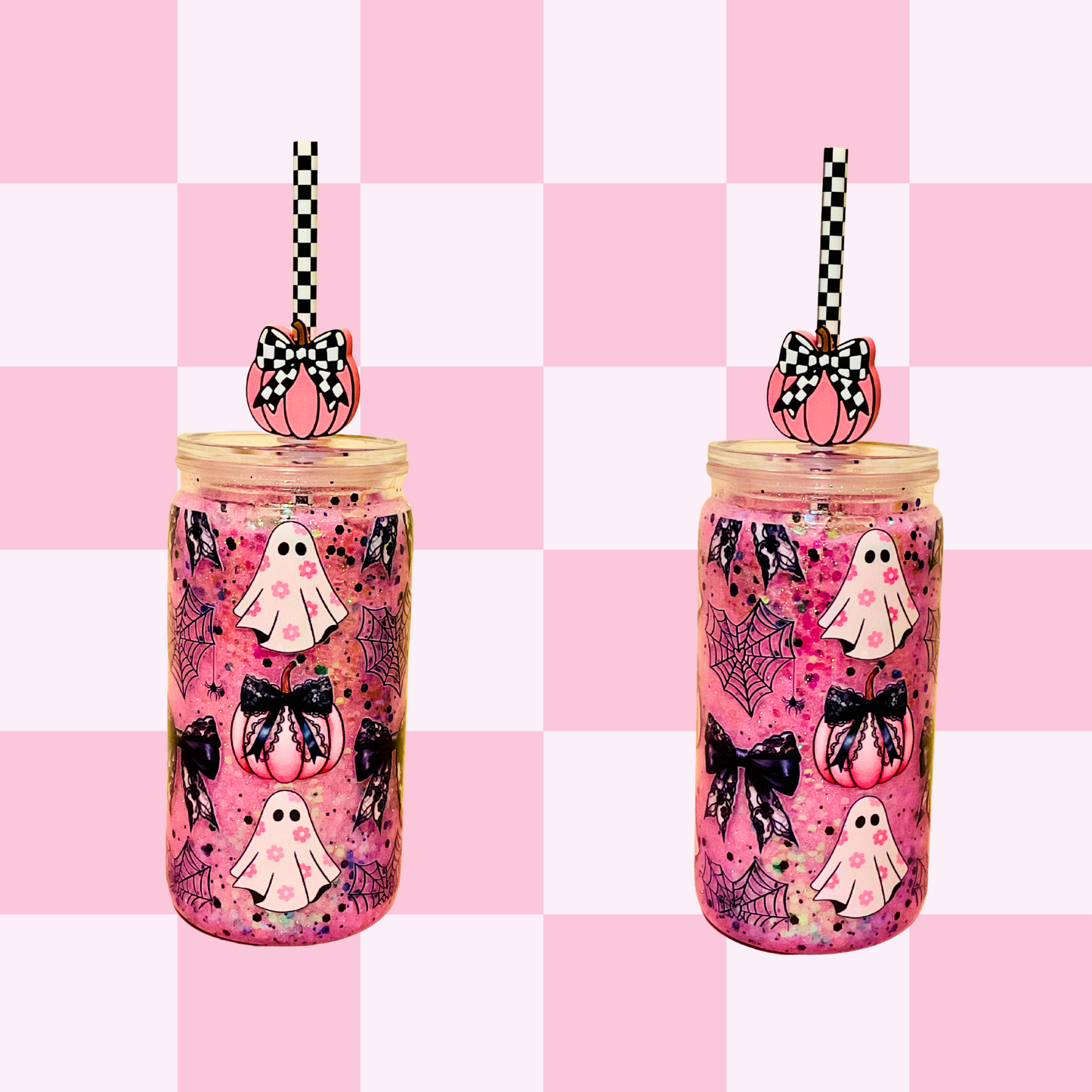 Ghost Pink Pumpkin Bow Snowglobe Tumbler