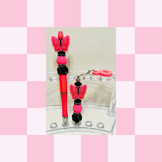 Butterfly Pink Pen & Straw Charm Set
