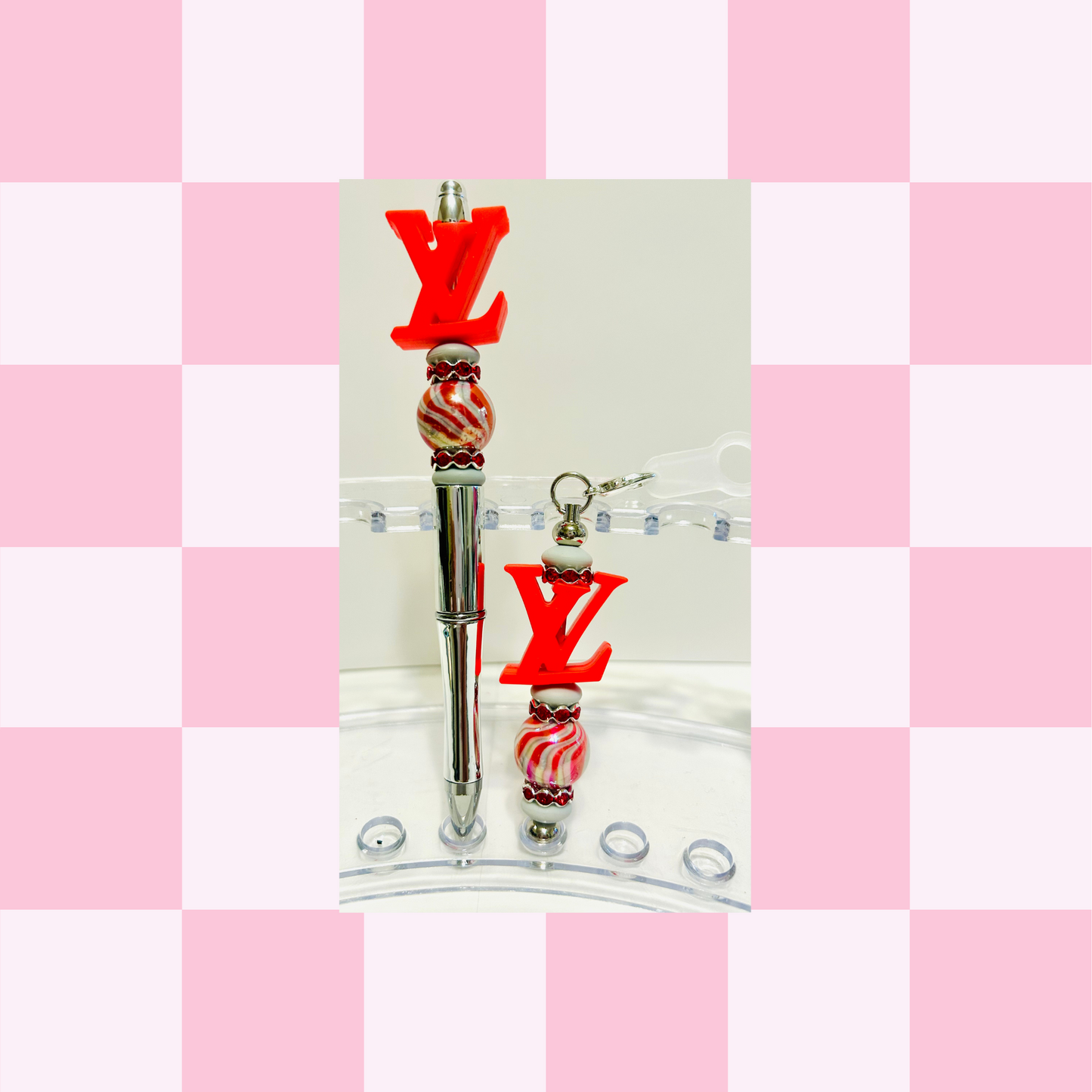 LV Red Chrome Pen & Straw Charm Set