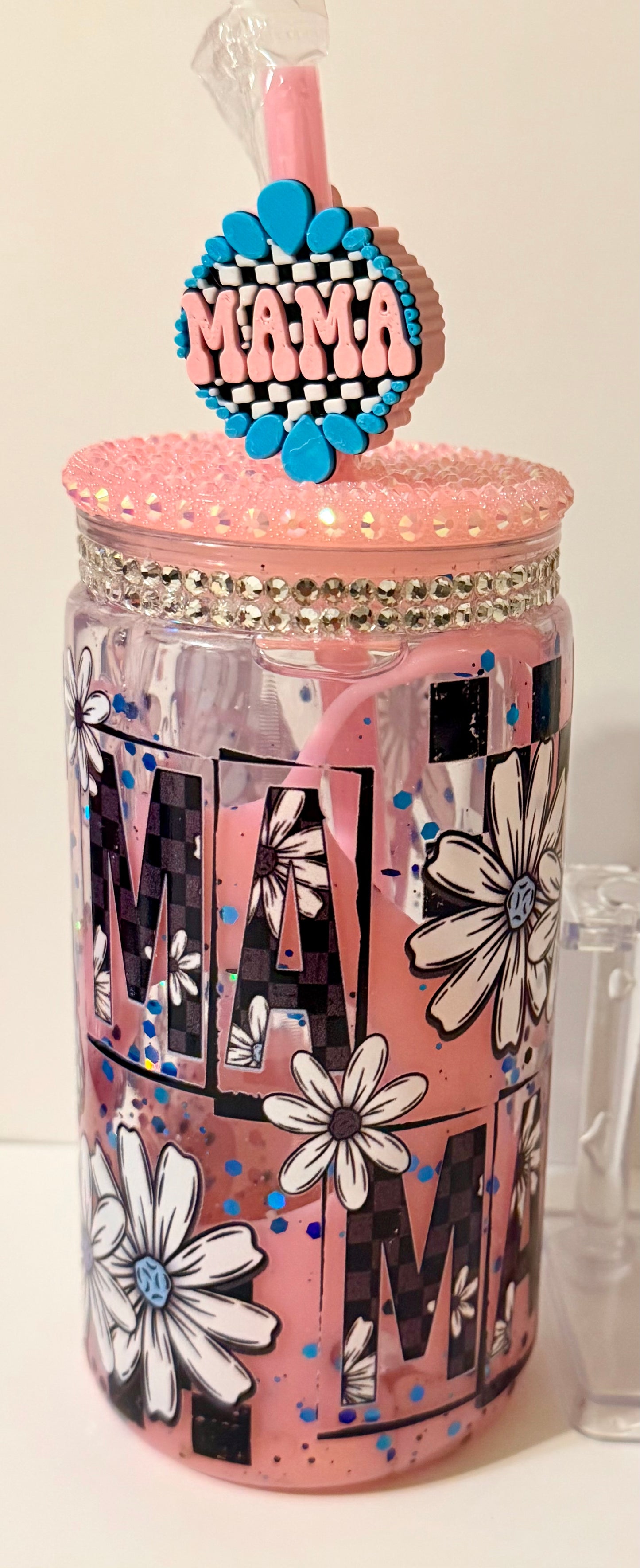 Mama Daisy Pink Rhinestone Snowglobe Tumbler 4-Piece Set