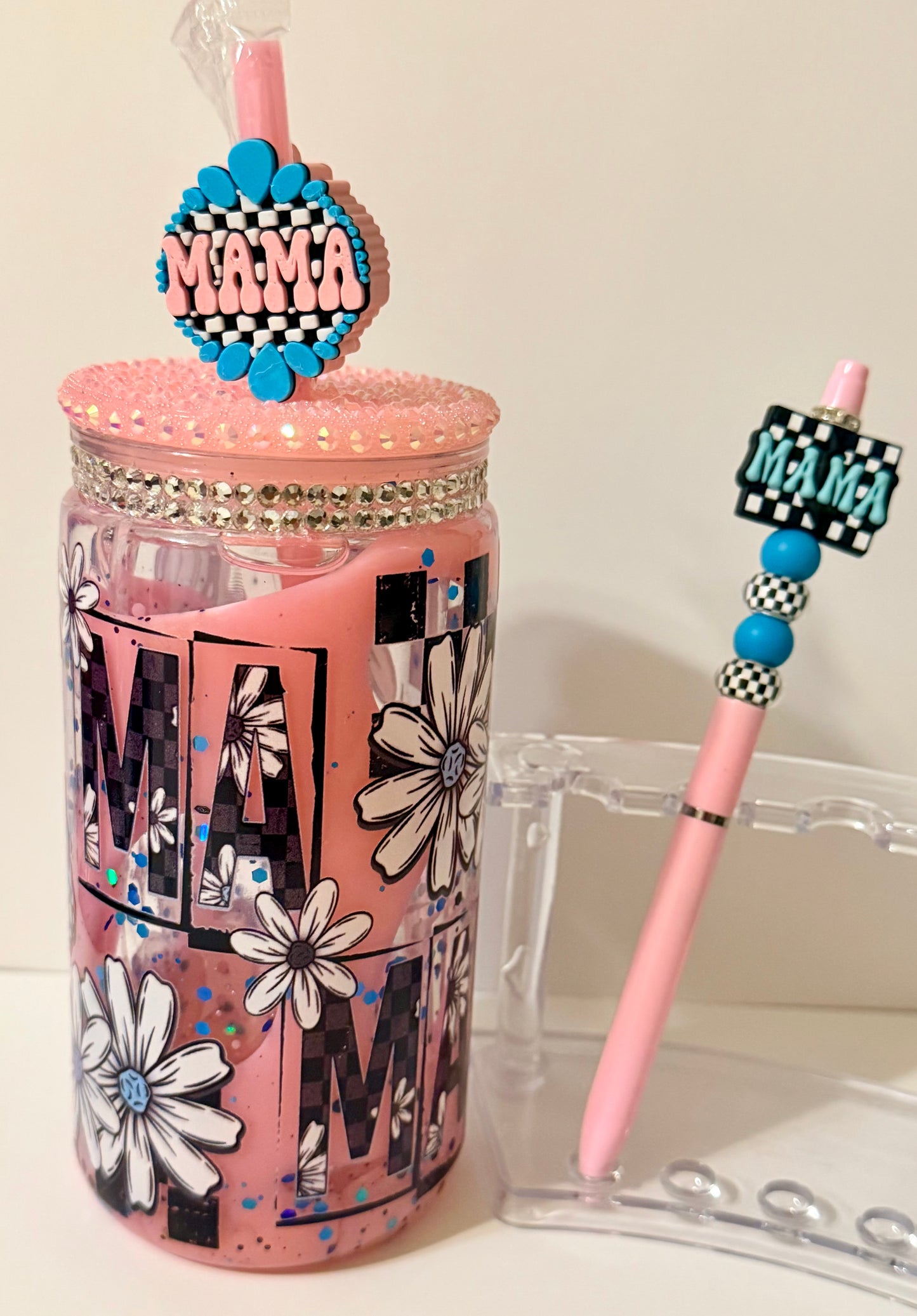 Mama Daisy Pink Rhinestone Snowglobe Tumbler 4-Piece Set