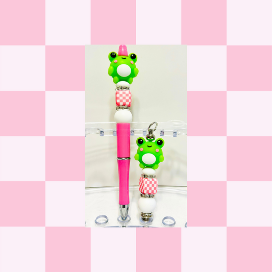 Frog Checkered Pink Pen & Straw Charm Set