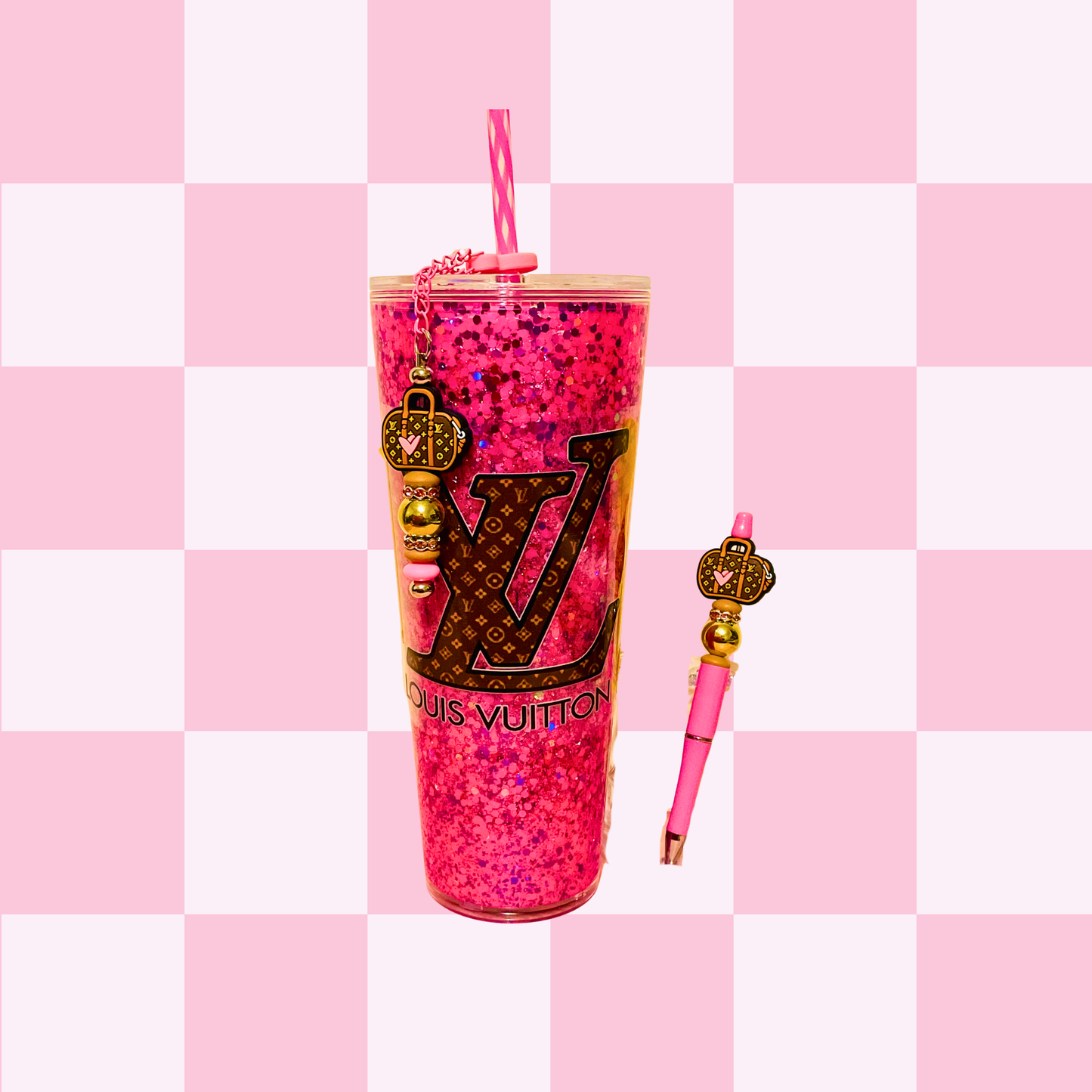 LV Pink Glitter Snowglobe Tumbler Set