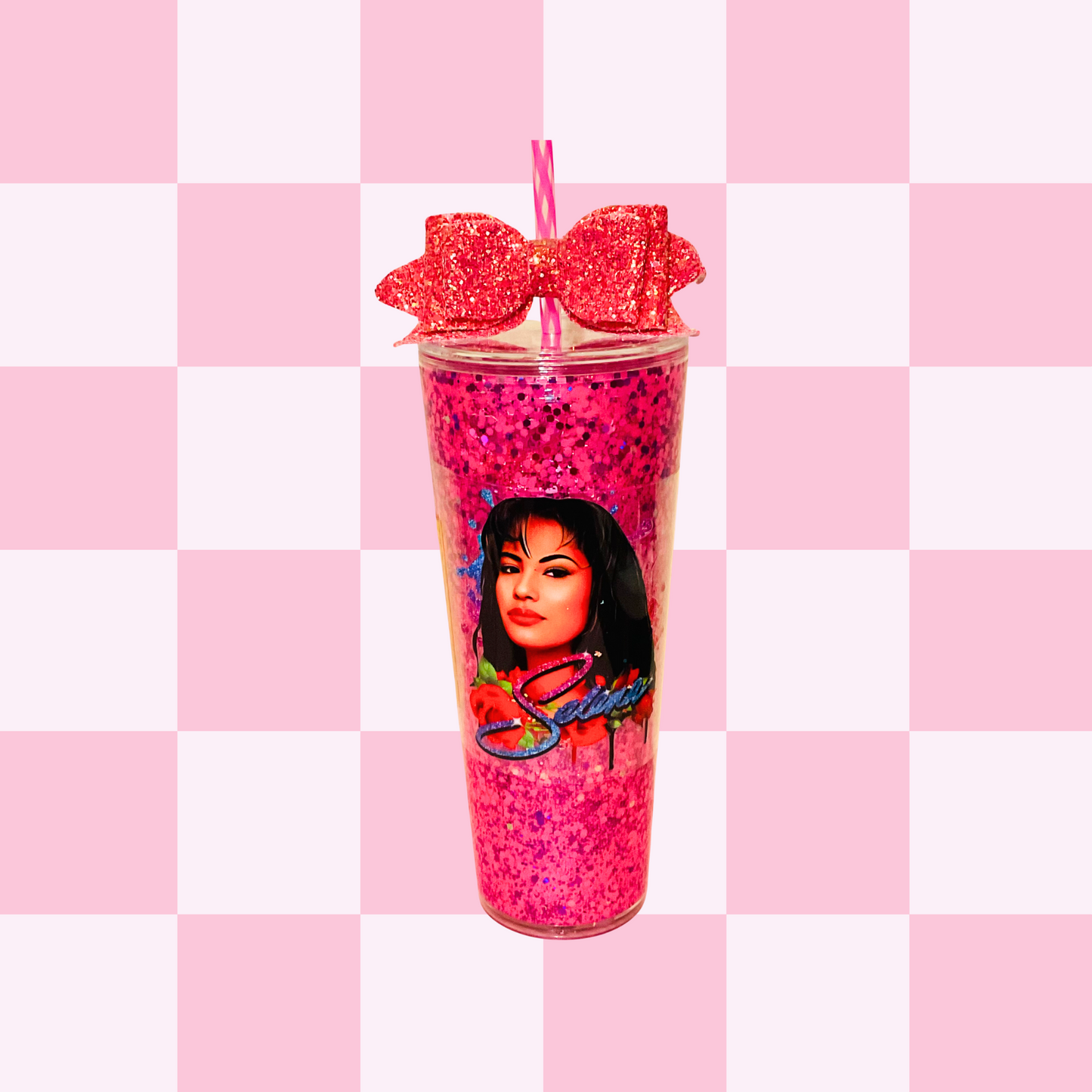 Selena Pink Glitter Snowglobe Tumbler
