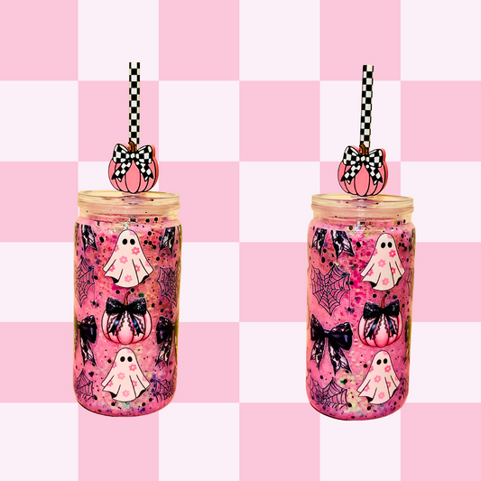 Ghost Pink Pumpkin Bow Snowglobe Tumbler