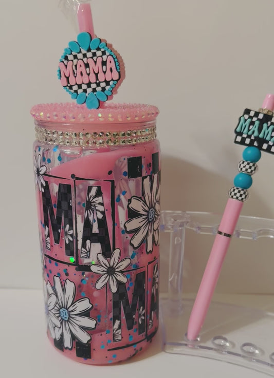 Mama Daisy Pink Rhinestone Snowglobe Tumbler 4-Piece Set